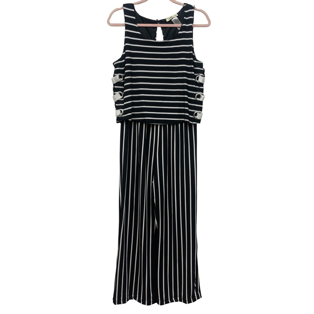 Camille & Co Striped Jumpsuit Small‎ Black White Wide Leg Lace Up Grommet NWOT